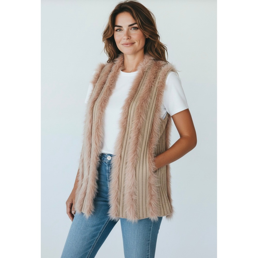 Chico's Blush Faux Fur Trim Metallic Knit Open Front Ruana Vest L/XL Soft‎ Fuzzy